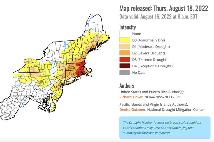 A map showing drought conditions in the Northeast